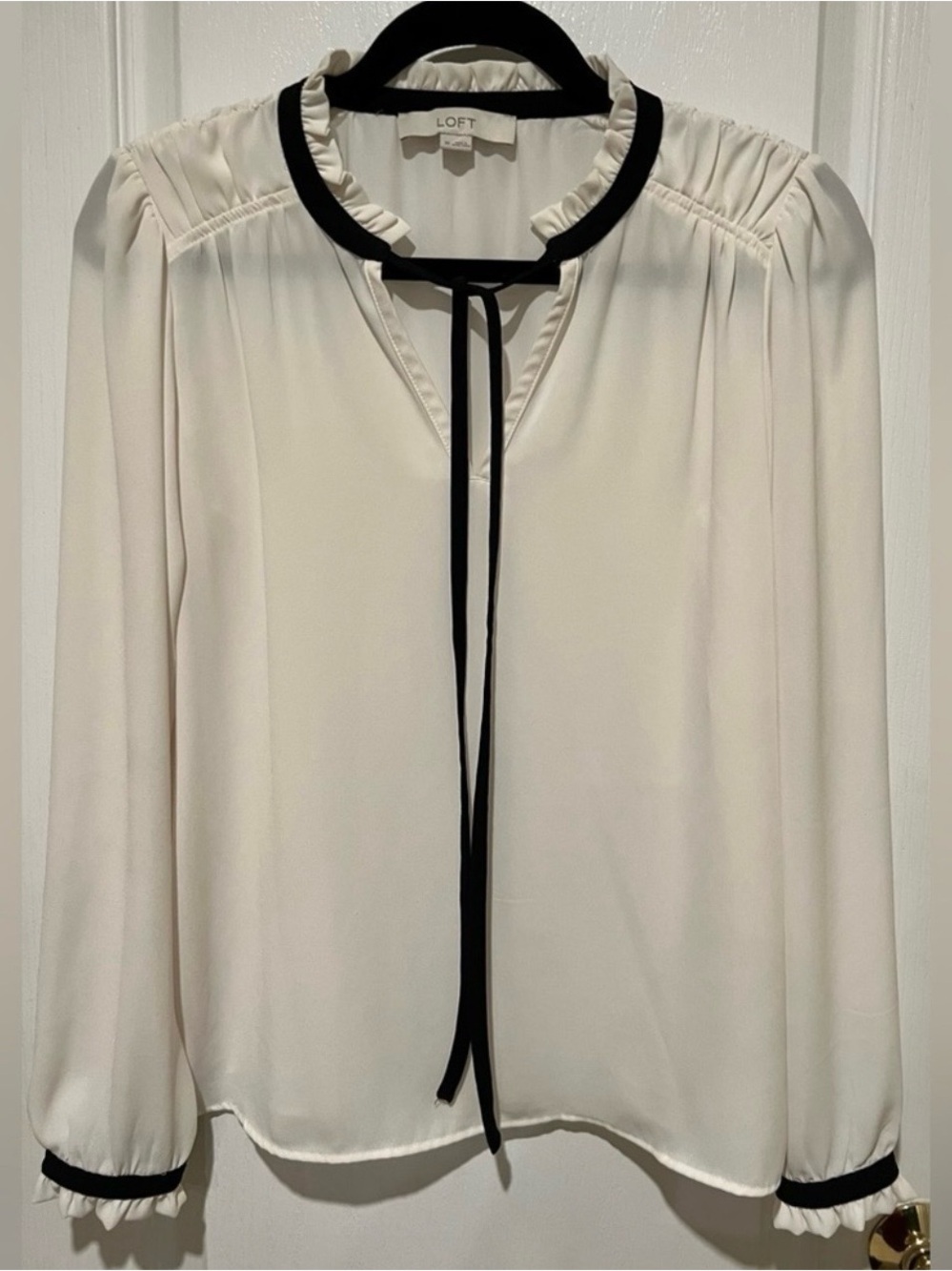 LOFT Sheer Blouse With Black Ribbon Detail Size XS